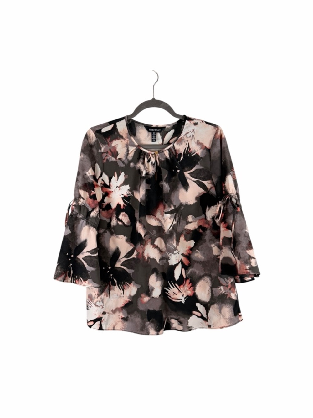 Ellen Tracy Watercolor Floral Bell Sleeve Blouse Black Pink Gray Size M